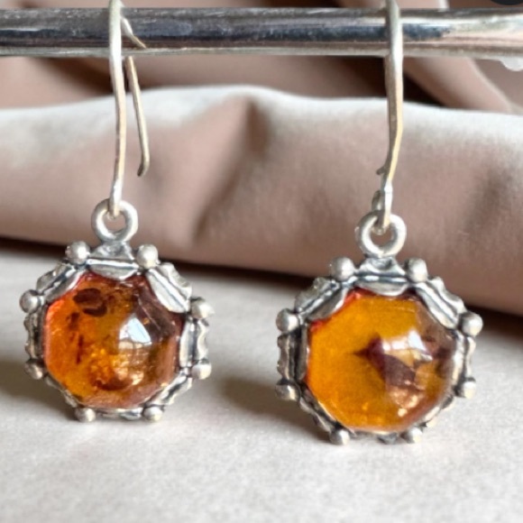 Vintage Jewelry - Vintage Baltic Amber and Sterling Silver Dangle Earrings